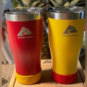 2 Ozark Trail Vacuum Insulated Cups with spill proof lid, red/yellow.